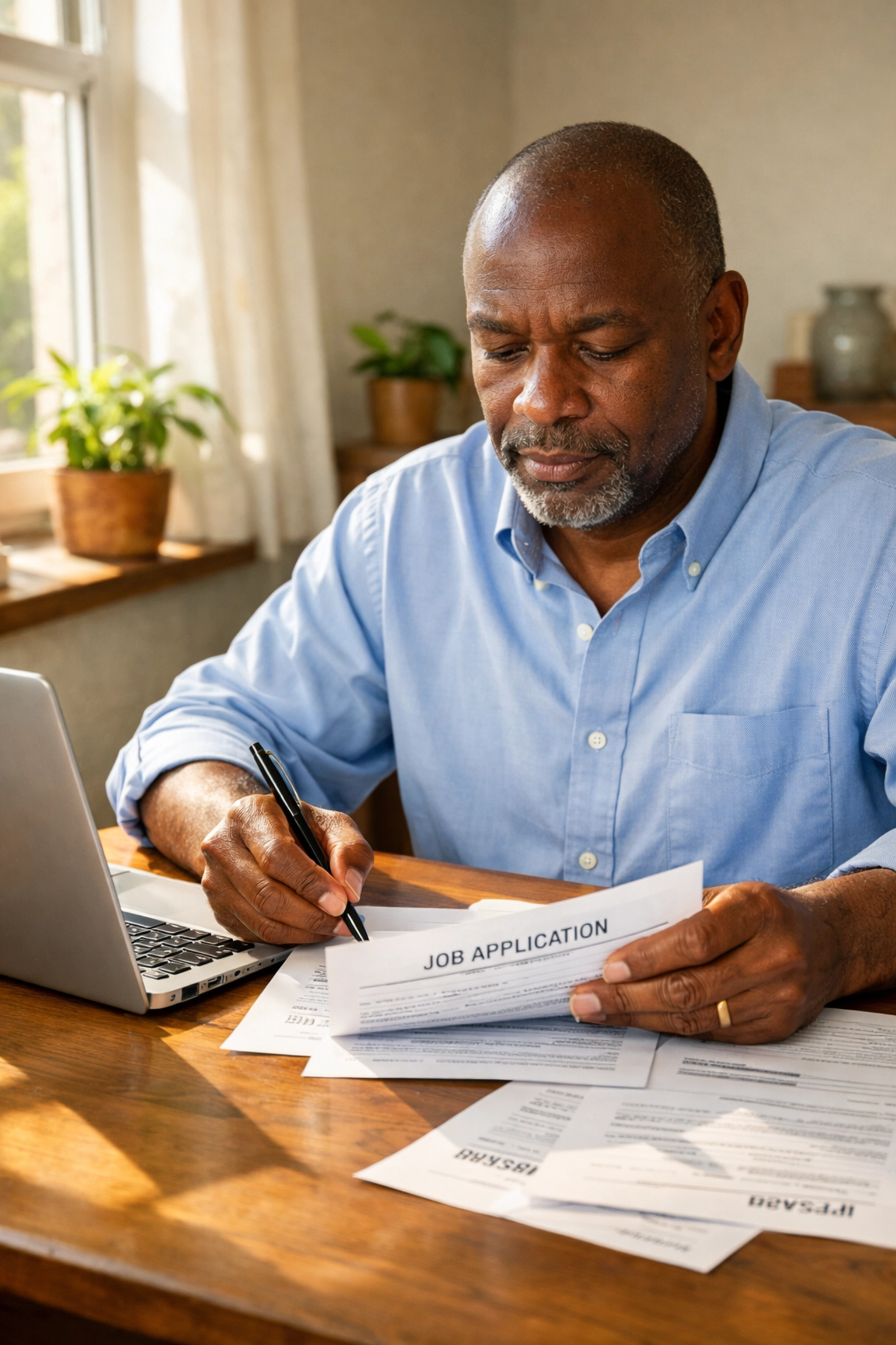 Individual reviewing job applications at home during reintegration and recovery process