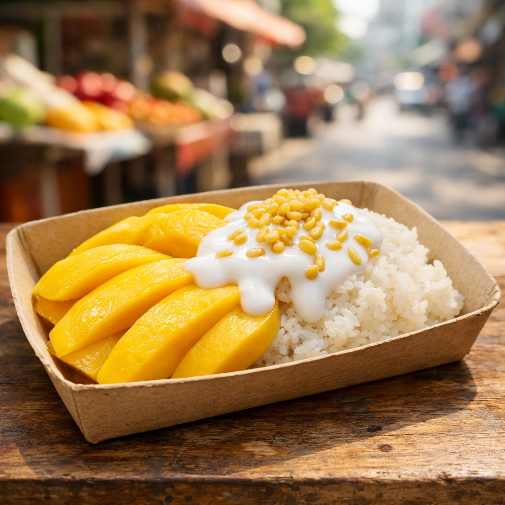 Top 10 Bangkok Street Food Spots Every Budget Traveler Needs to Try 1 Fresh mango sticky rice at a Mae Varee stall in Bangkok, showcasing the city's best cheap eats.