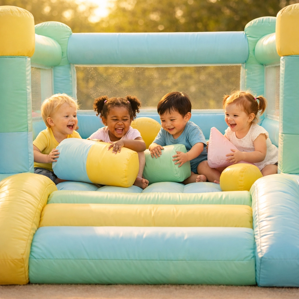 Small toddler bounce house rental with safety mesh walls featuring kids playing in Comox.