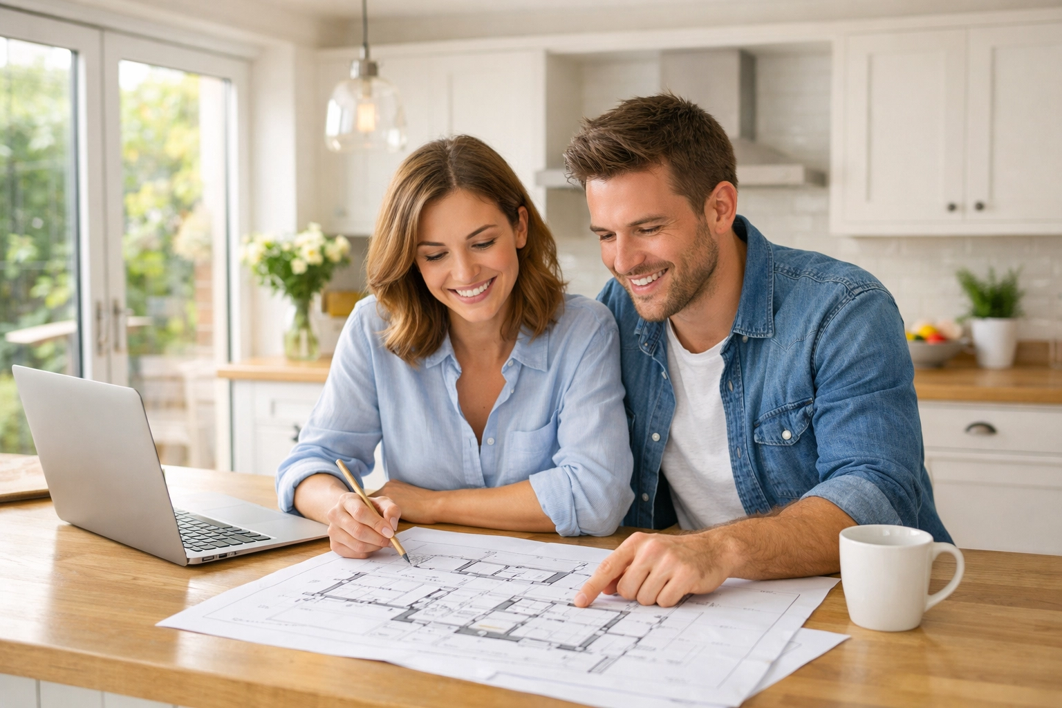Homeowners reviewing architectural plans for home extension project in modern kitchen