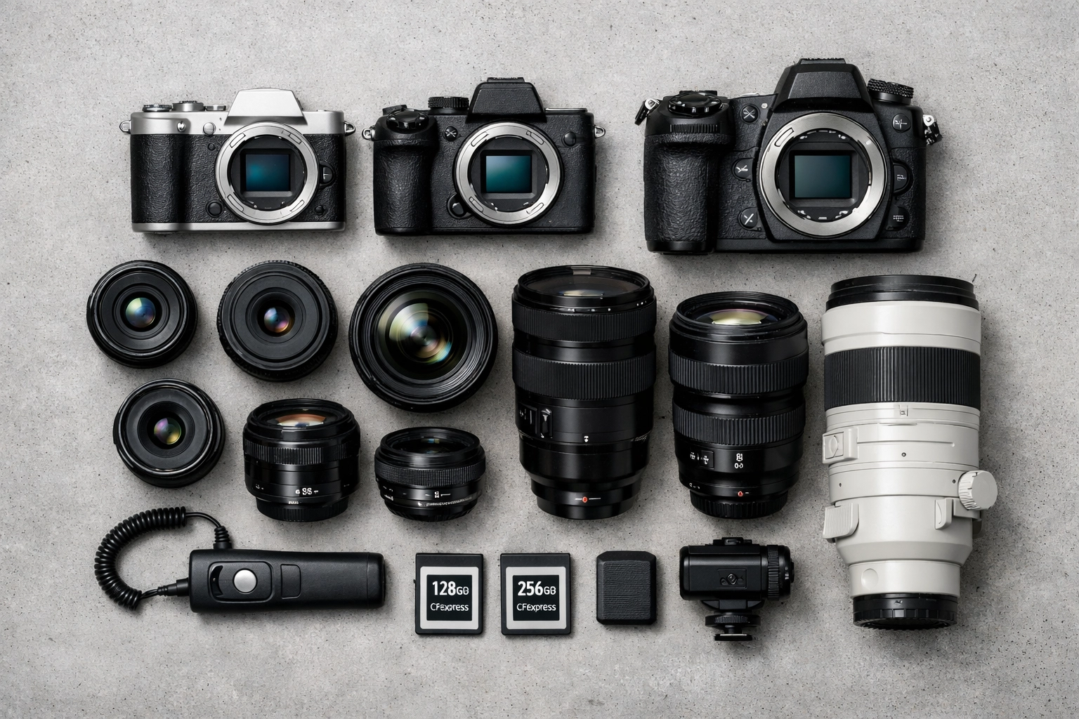 Flat lay of diverse lenses and the best mirrorless cameras for detailed camera gear reviews.
