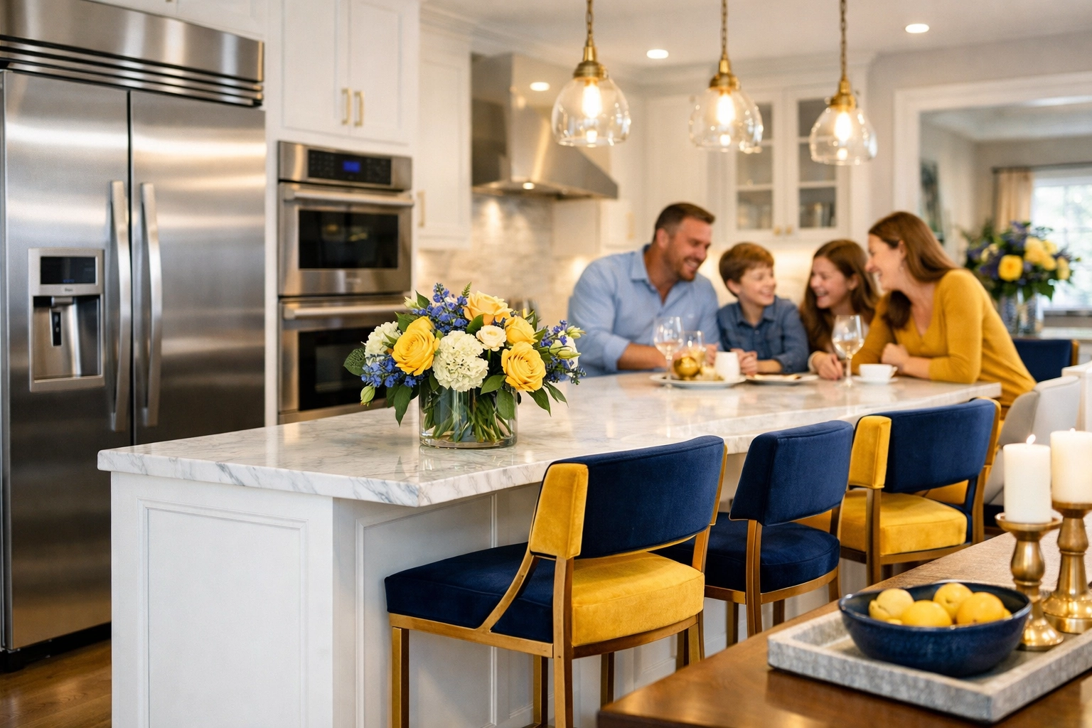 Pristine white kitchen and marble island cleaned by a professional house cleaning service in Woburn.