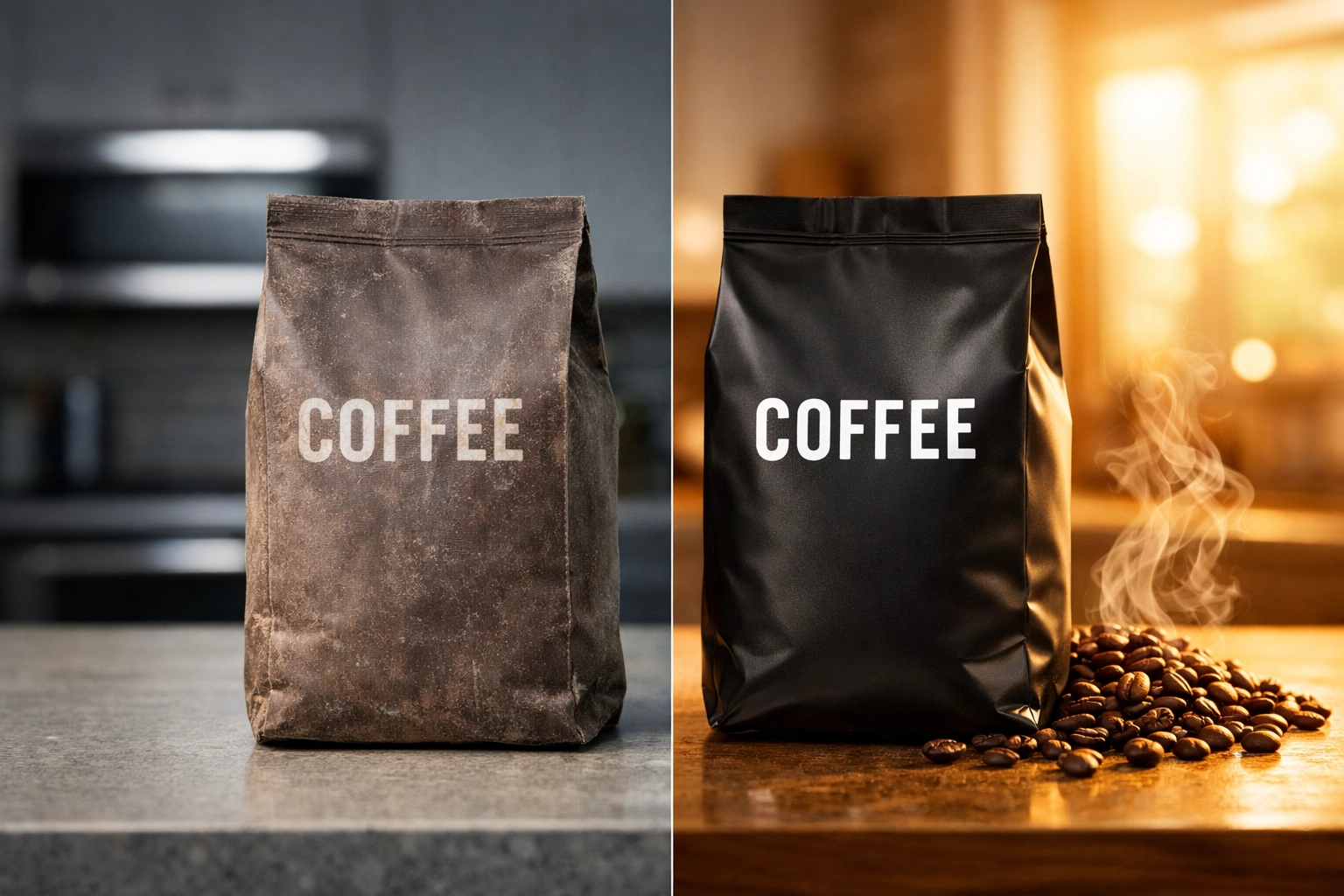 Fresh-roasted subscription coffee vs grocery store beans side-by-side comparison on kitchen counter