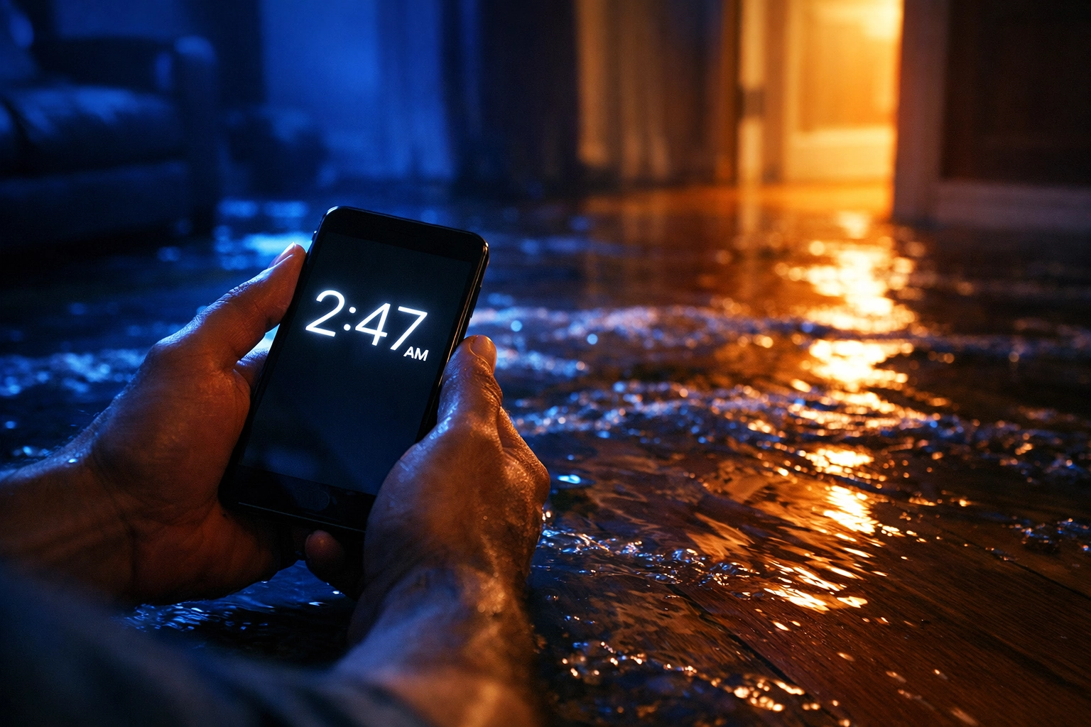 Emergency water damage flooding hardwood floor at night requiring immediate restoration