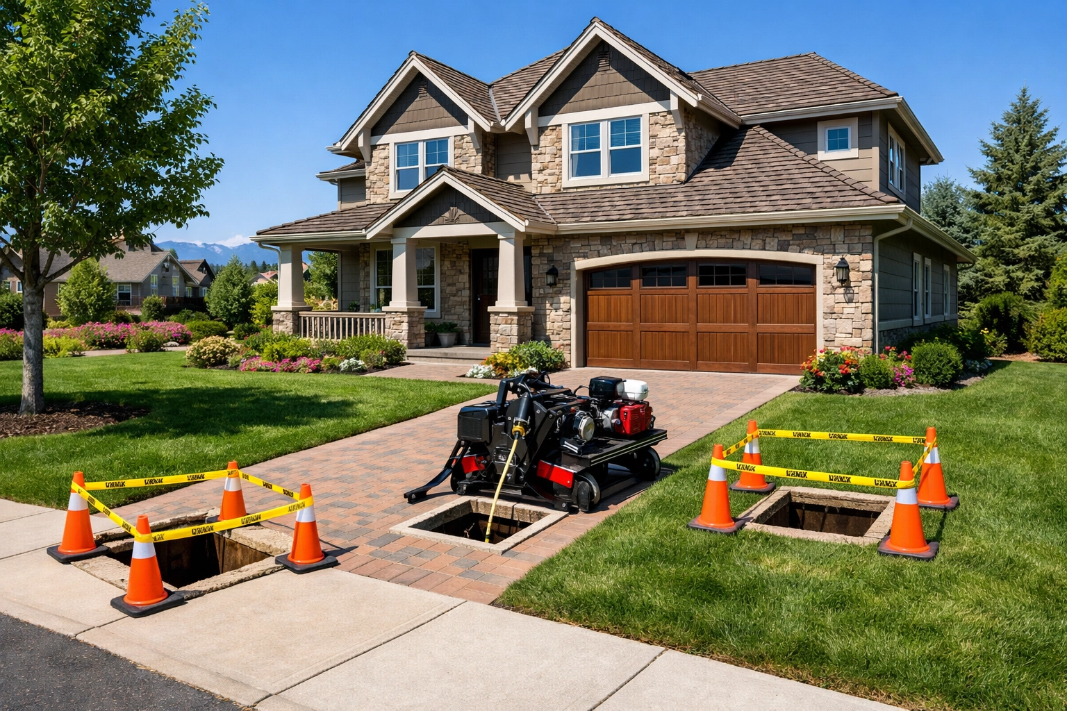 Denver home showing minimal property disruption during trenchless sewer repair with only two small access pits.