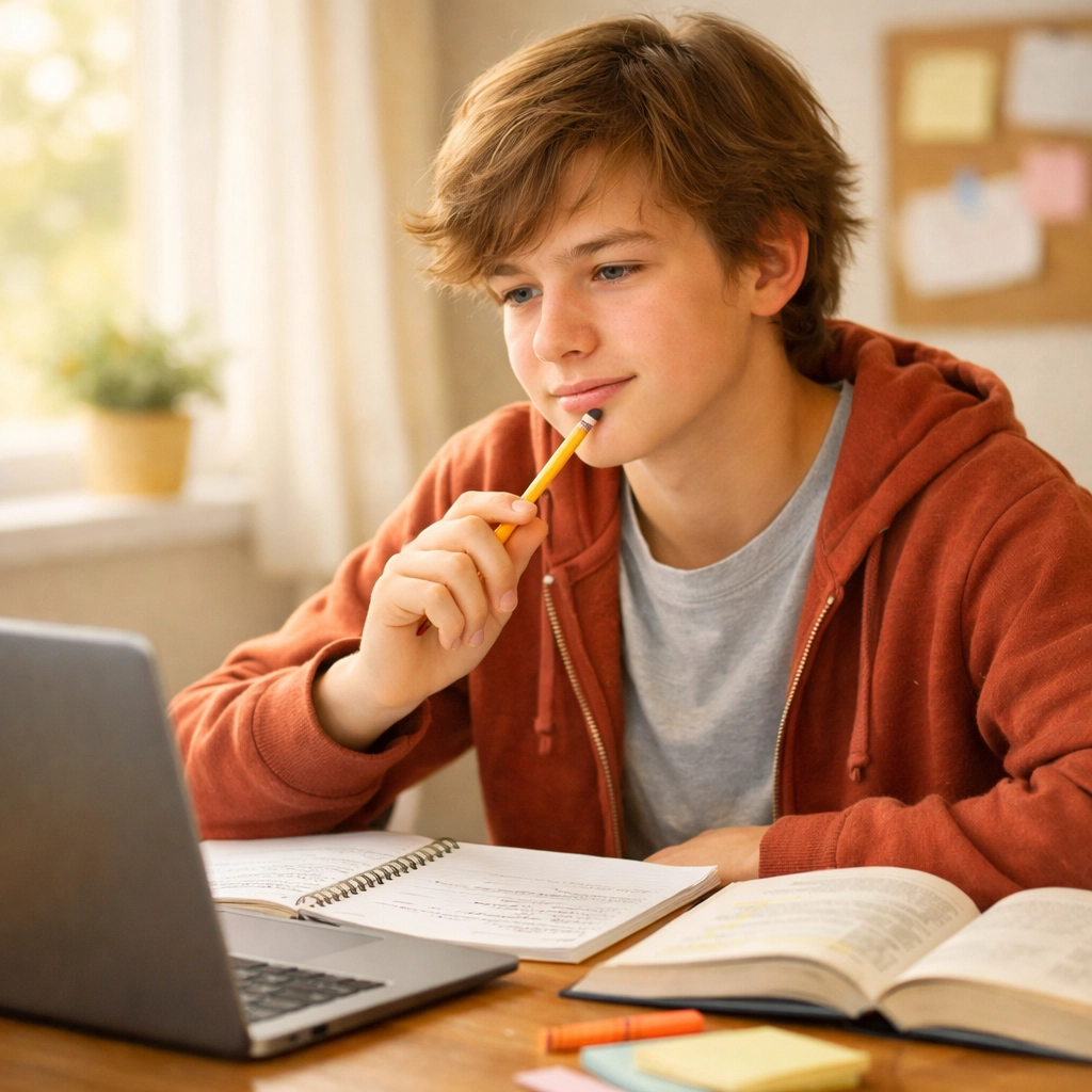 Ontario student planning homework at organized desk with laptop and study notes