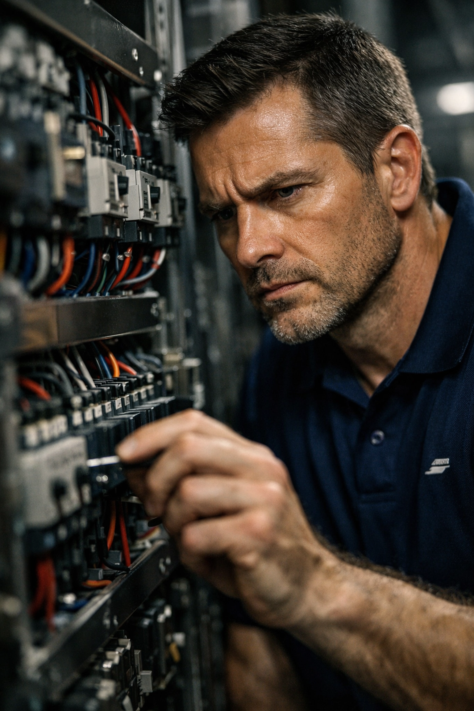 Professional engineer performing building maintenance services on a commercial electrical circuit panel.