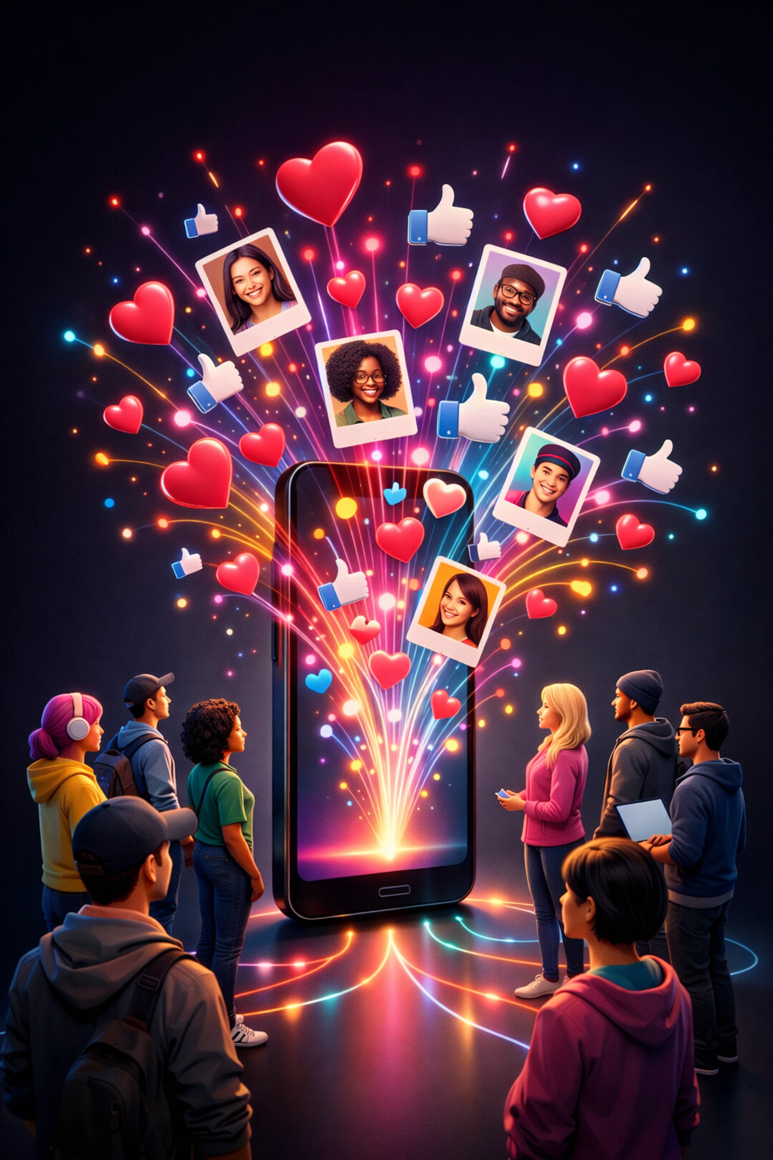 A smartphone displaying a vibrant community of social media likes, shares, and user-generated content.