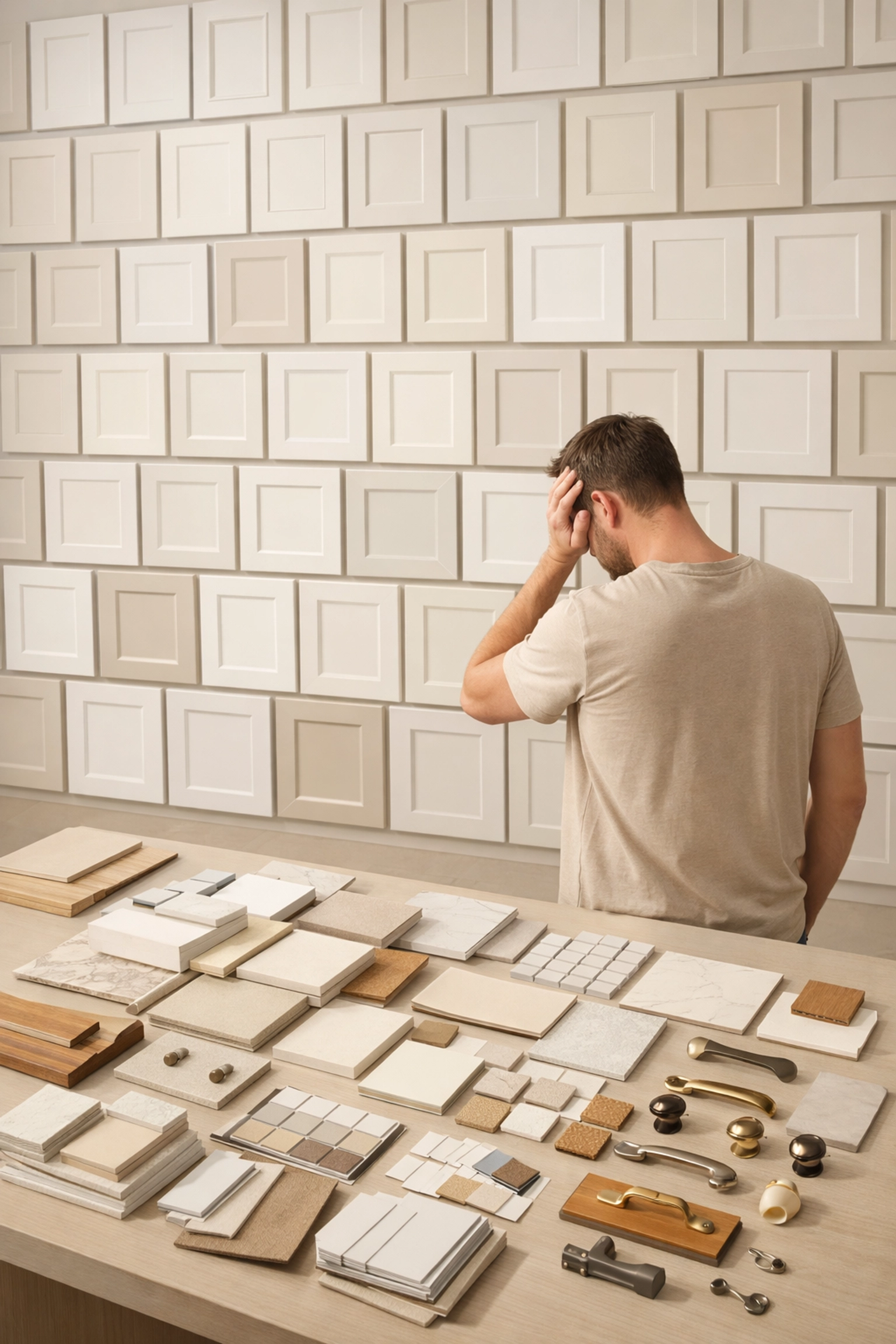 Homeowner experiencing decision fatigue surrounded by cabinet samples during kitchen remodel planning