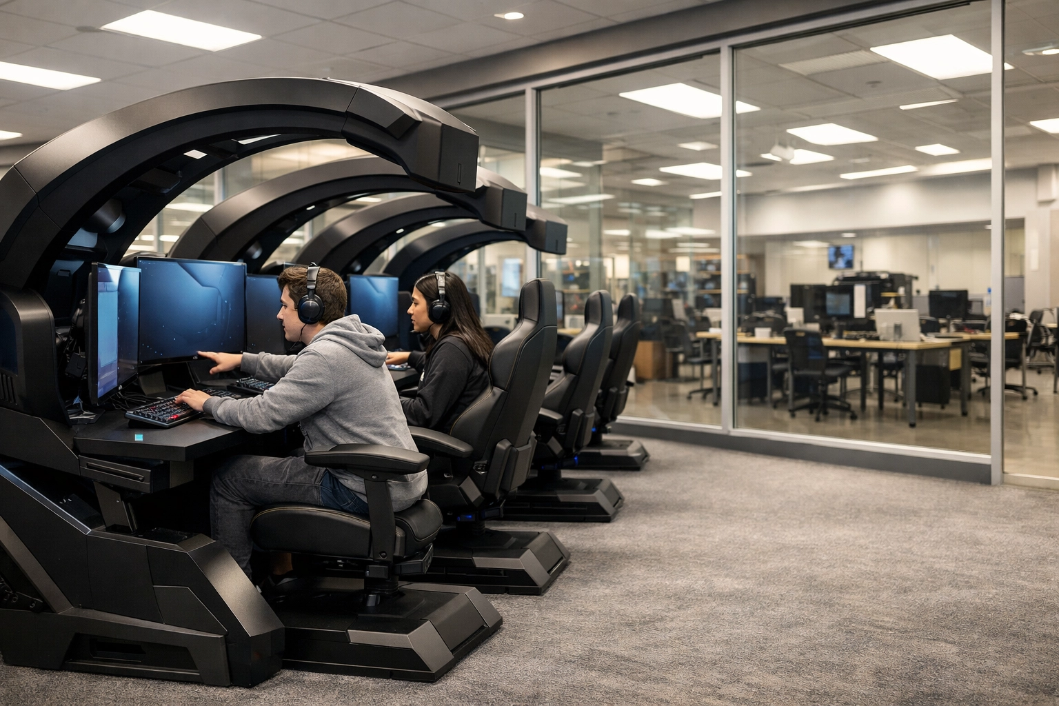 Ergonomic high school esports pods providing educational growth and brand sponsorship opportunities.