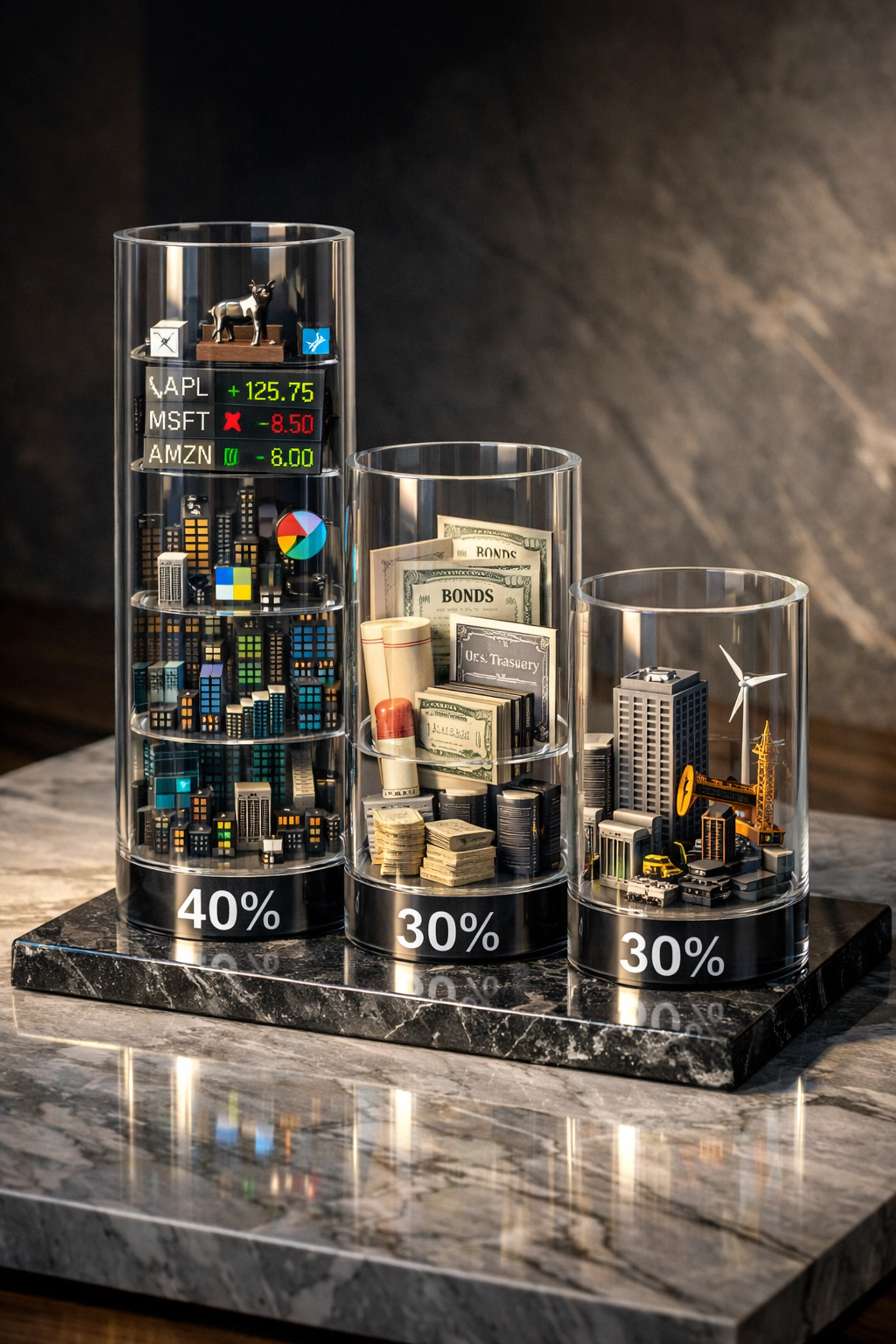 40/30/30 portfolio allocation model showing equities, bonds, and alternative assets including crypto
