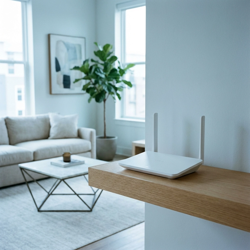 Modern WiFi router centrally placed in a bright living room for optimal wireless coverage