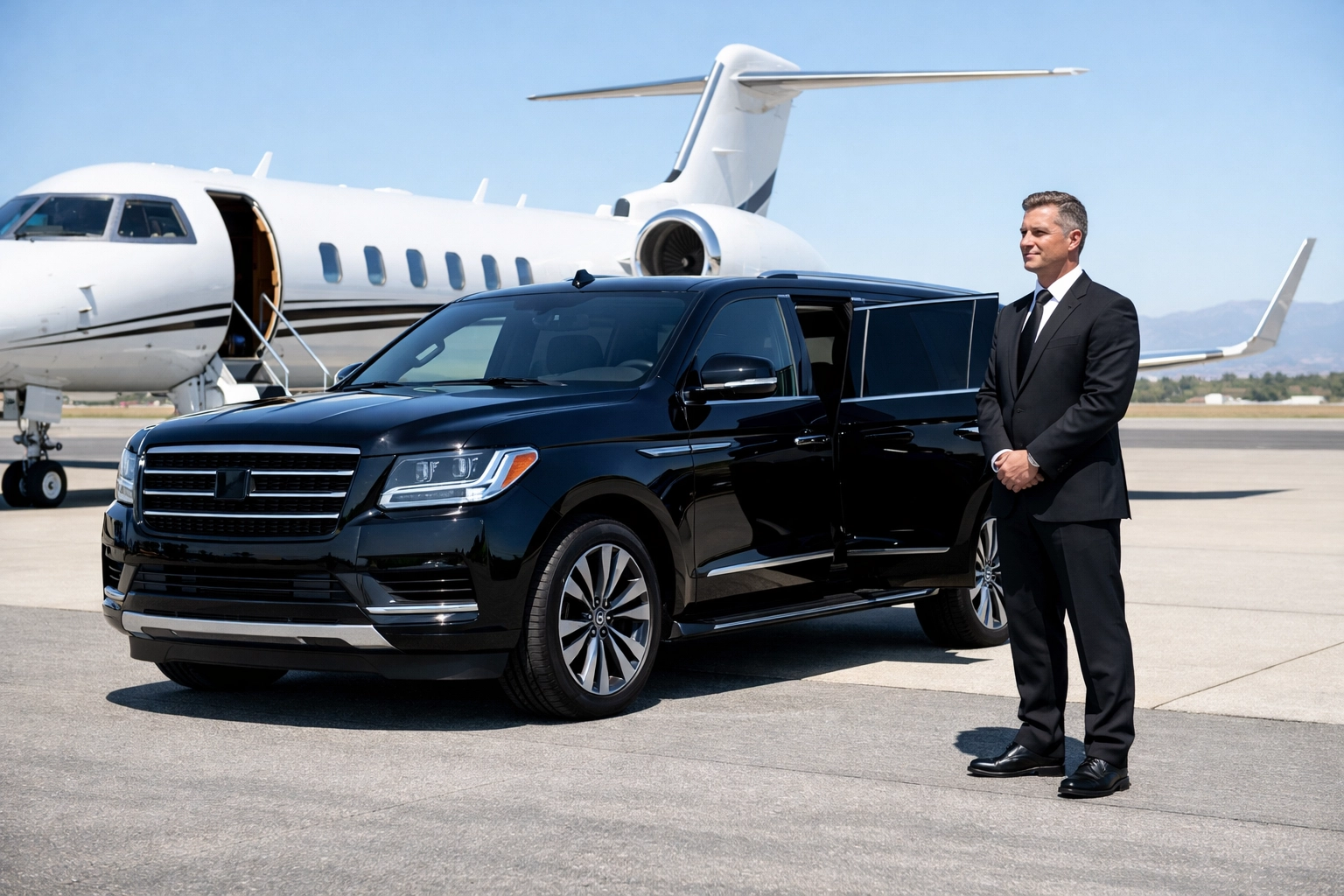 Luxury SUV and private jet on a tarmac for seamless Super Bowl executive transportation.