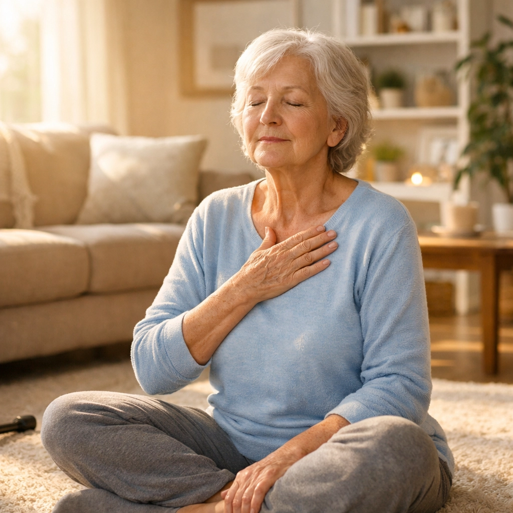 Senior woman sitting calmly on floor after fall, assessing for injuries before standing