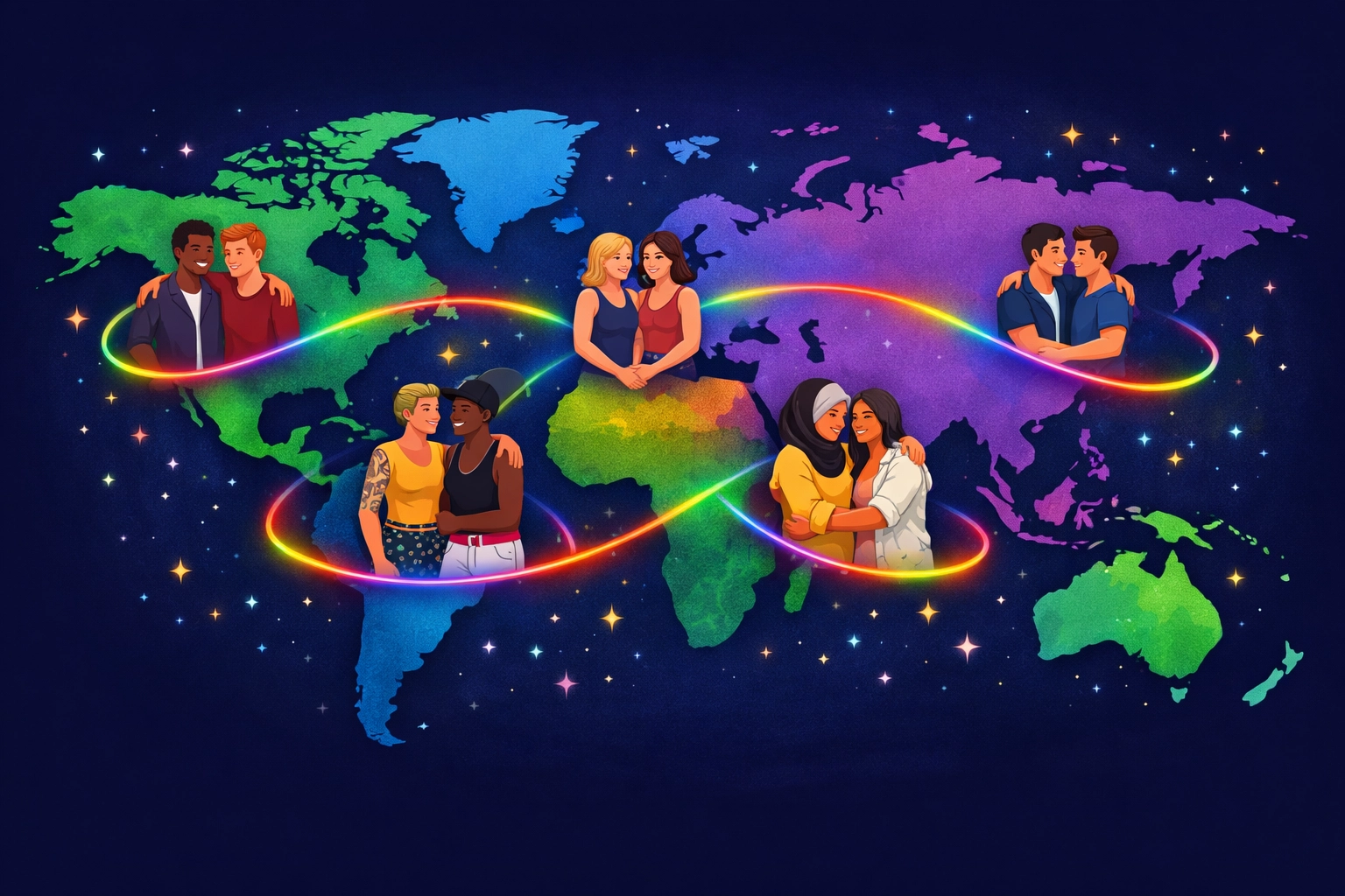 World map with diverse LGBTQ+ couples connected globally illustrating international queer fiction reach