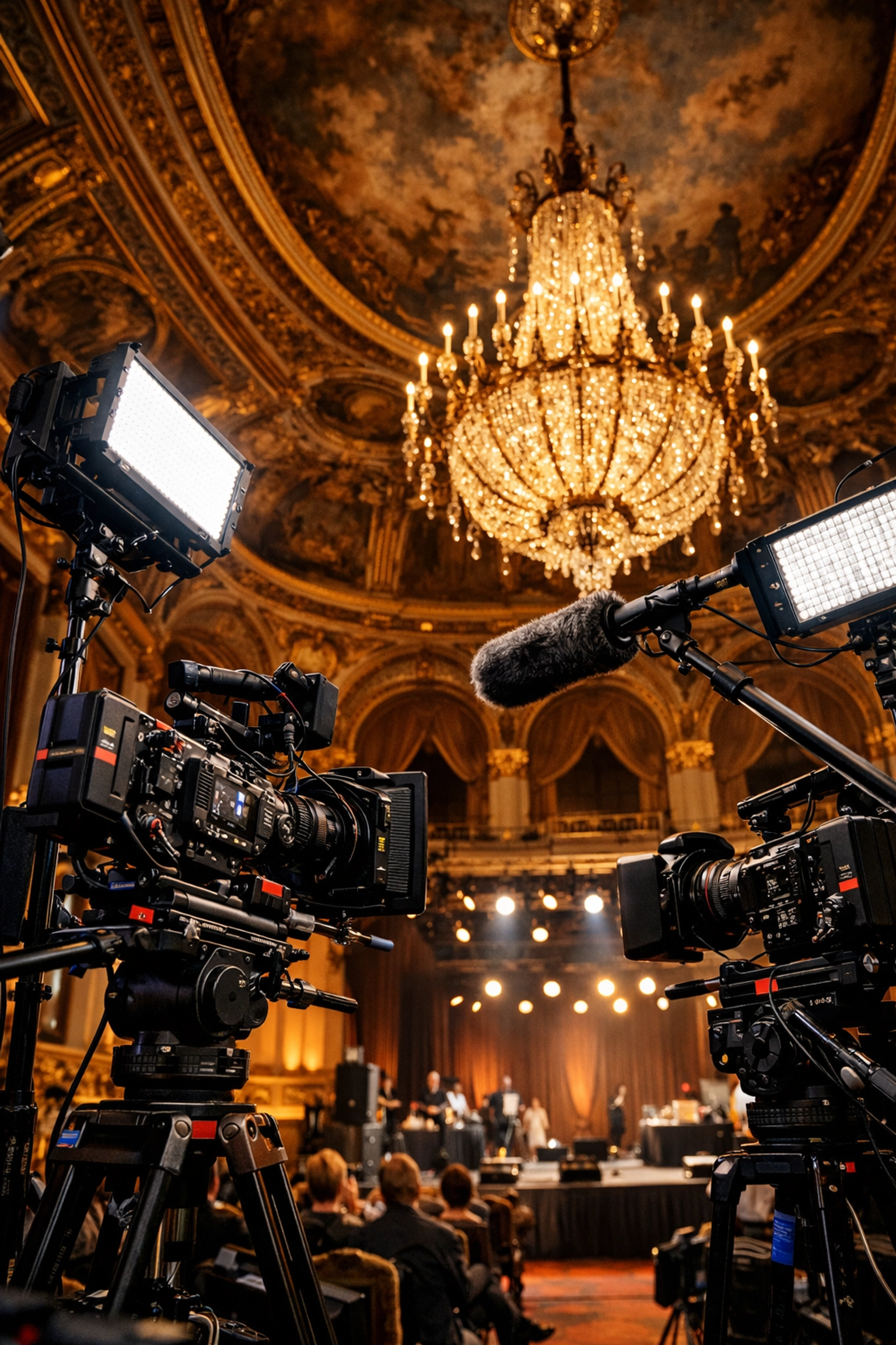 Professional event video production and videography services setup in a historic New York City ballroom.