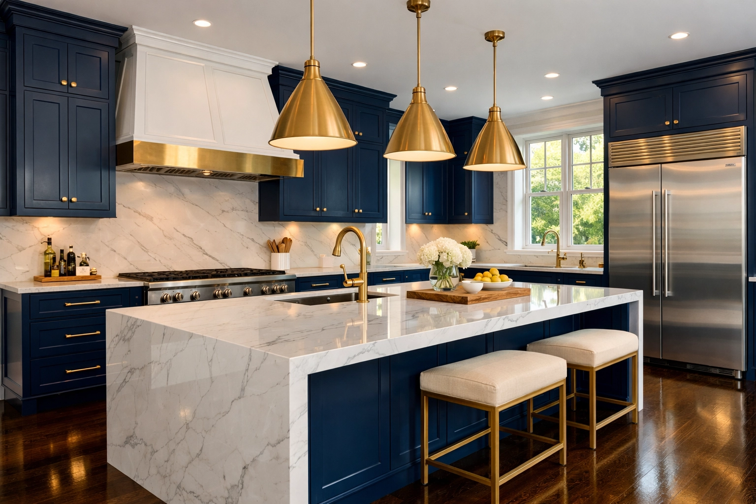 Clean luxury Wellesley kitchen with marble counters maintained by professional cleaners.
