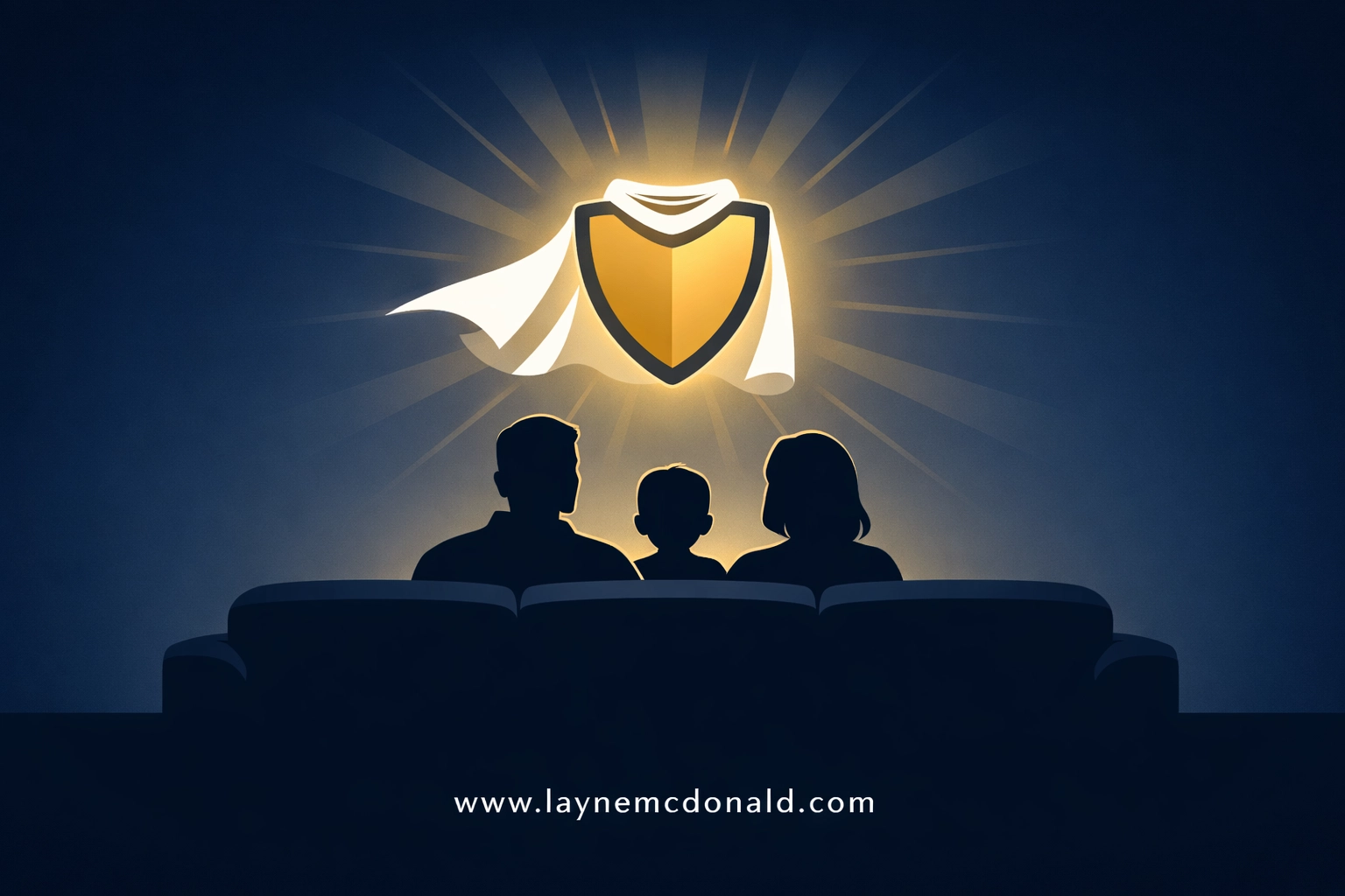 Silhouette of a Christian family watching a superhero movie and discussing faith.