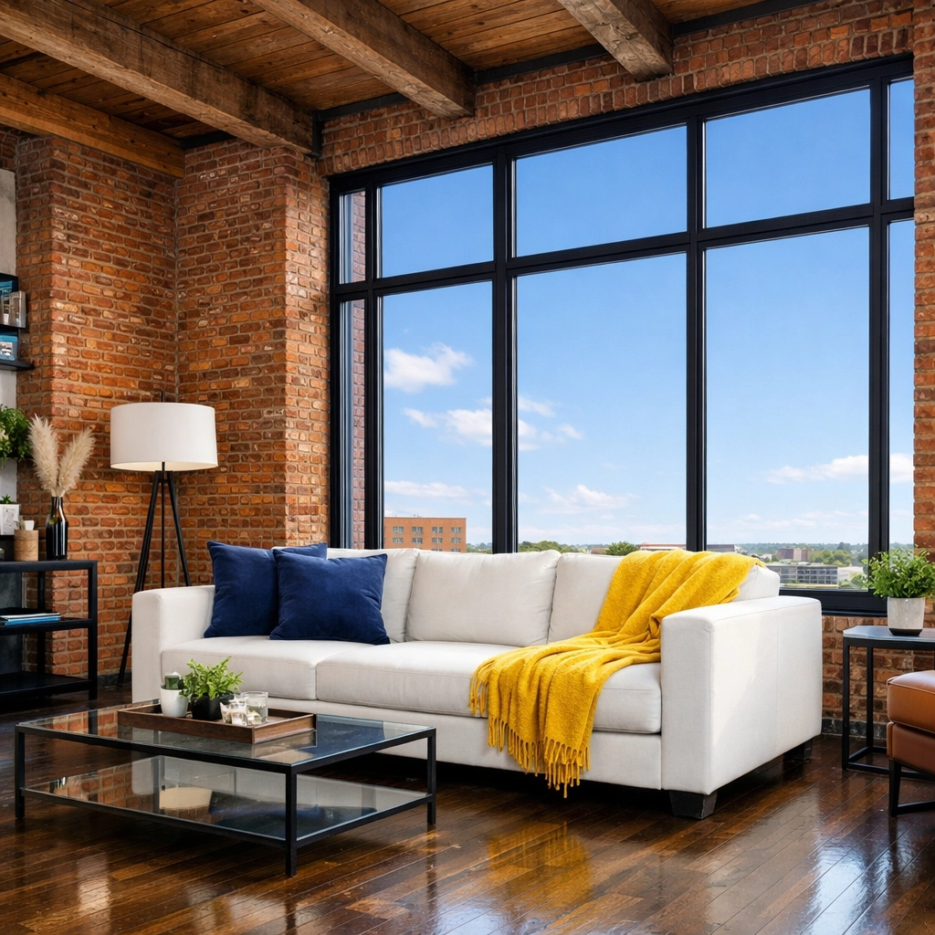 Immaculate industrial loft in Lowell MA with exposed brick and wood floors after recurring maid services Lowell.