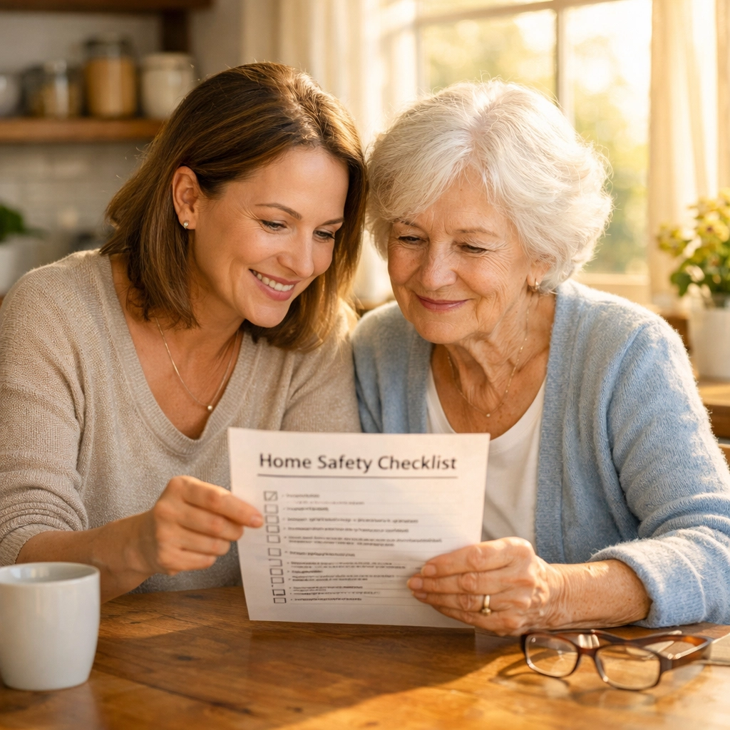 Caregiver and senior discussing fall prevention strategies at home