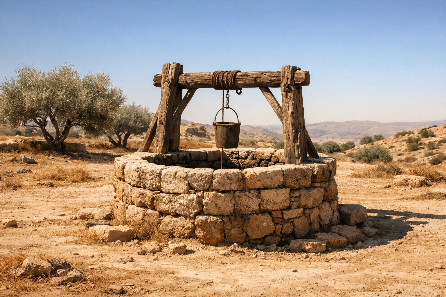 An ancient stone well in a sun-drenched Samaritan landscape, reflecting the biblical story of Jesus and the woman.