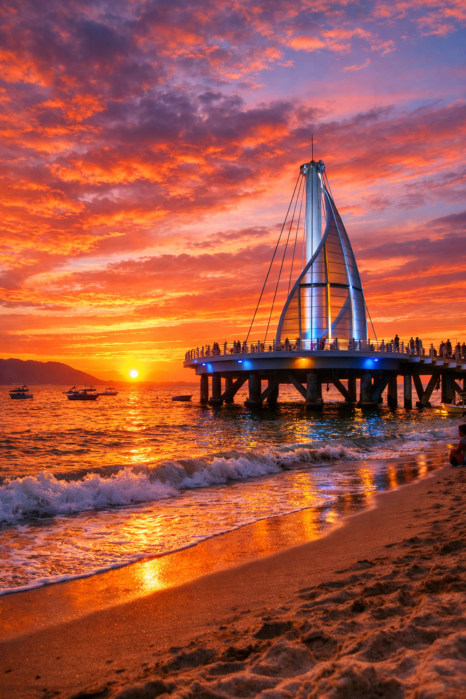 Iconic sail-shaped Los Muertos Pier in Zona Romantica during a vibrant golden hour sunset.