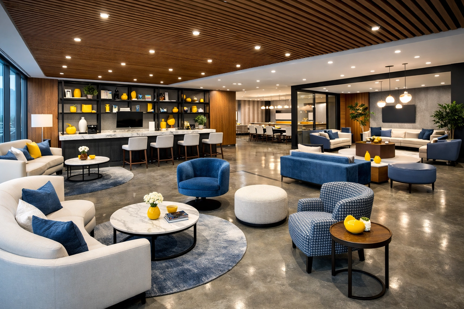 A modern corporate breakout lounge with clean surfaces, showcasing high-end commercial cleaning results.