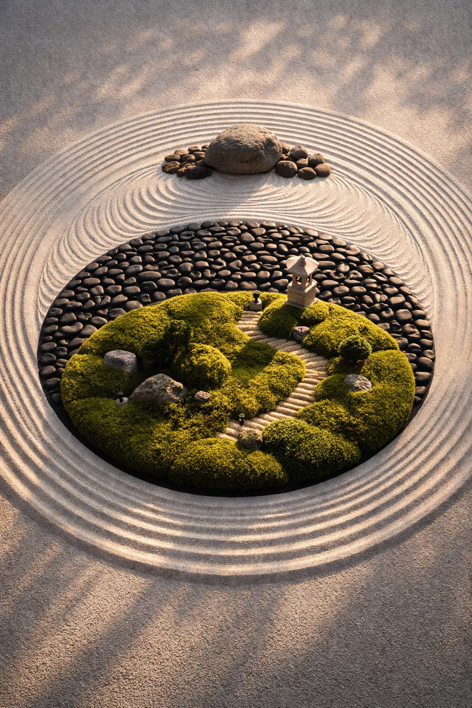 Aerial view of a three-tiered zen garden visualizing balanced 40/30/30 portfolio diversification across assets