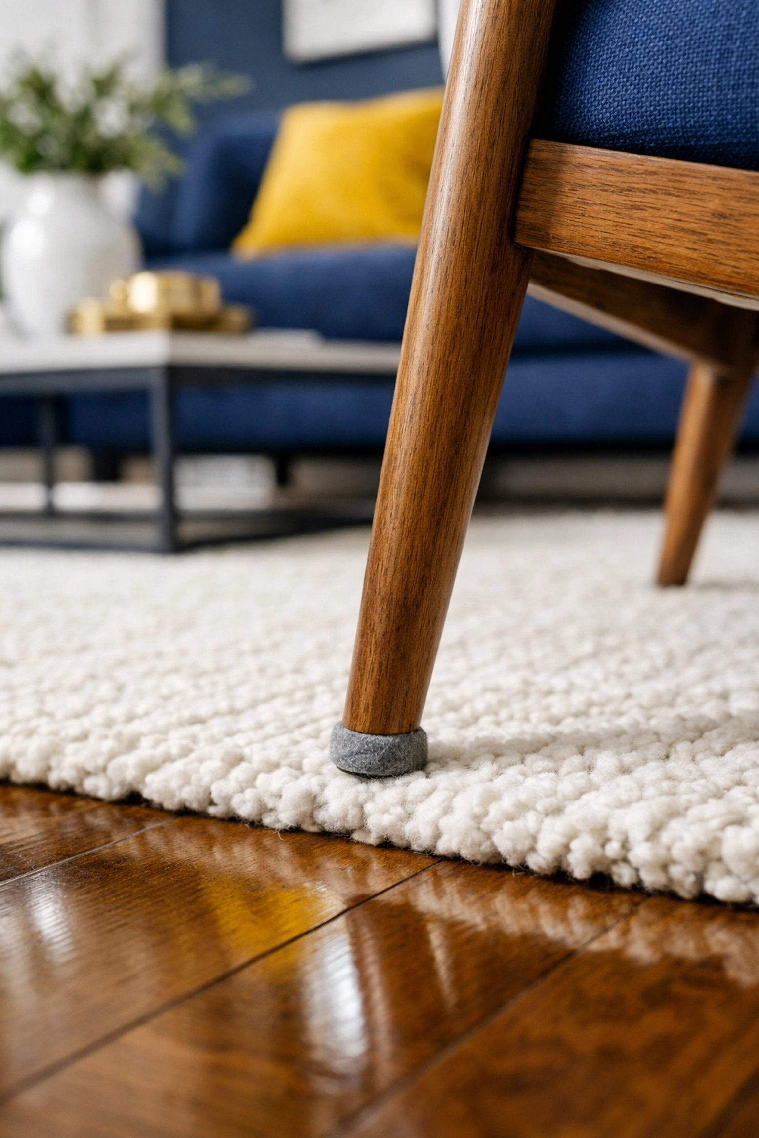 Close-up of felt furniture pads protecting wide-plank hardwood floors from scratches and scuffs.