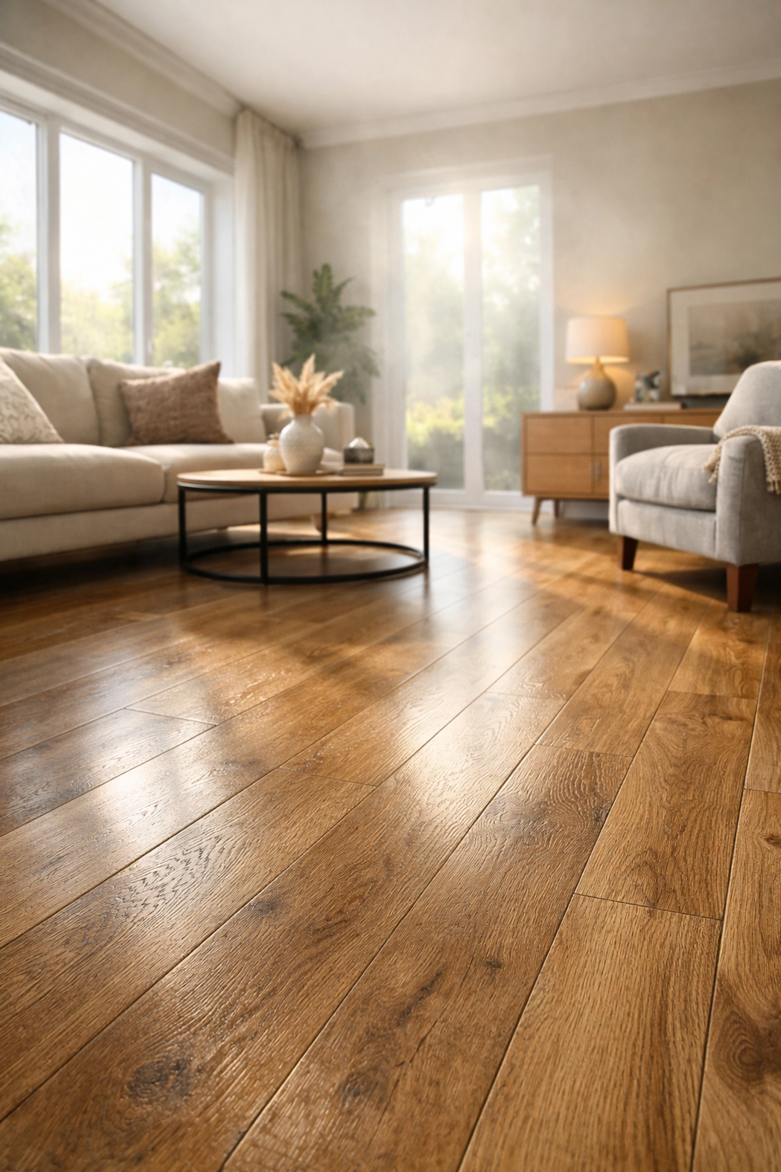 Modern Orlando living room with luxury vinyl plank flooring in warm oak tone