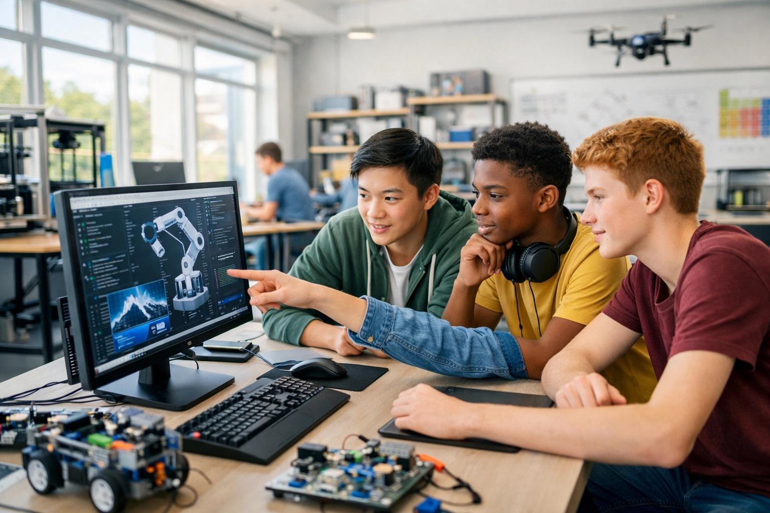 High school students collaborating in a modern STEM lab during a Dakdan sponsorship activation session.