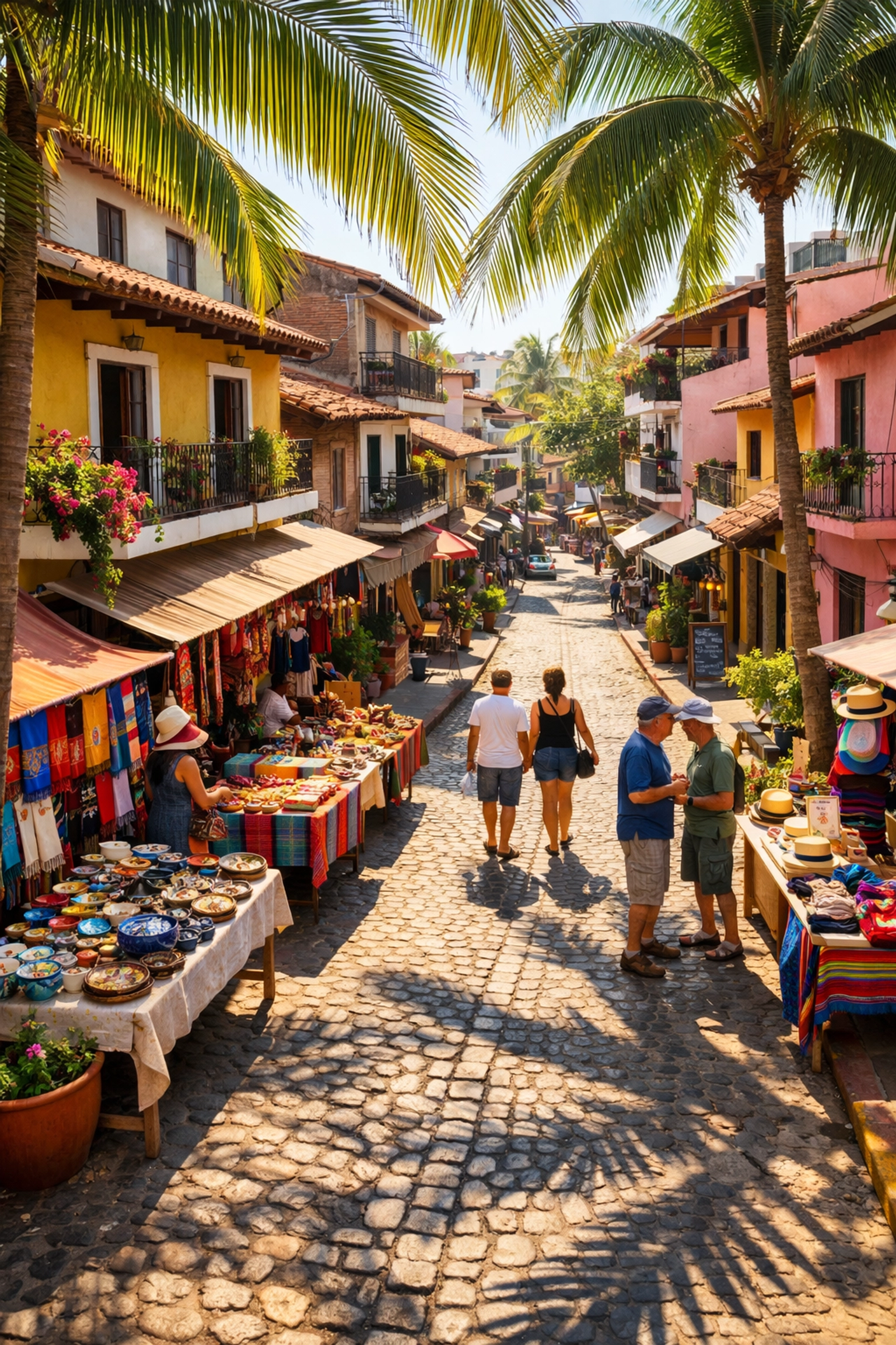 Colorful cobblestone street in Zona Romántica Puerto Vallarta with local vendors and traditional buildings