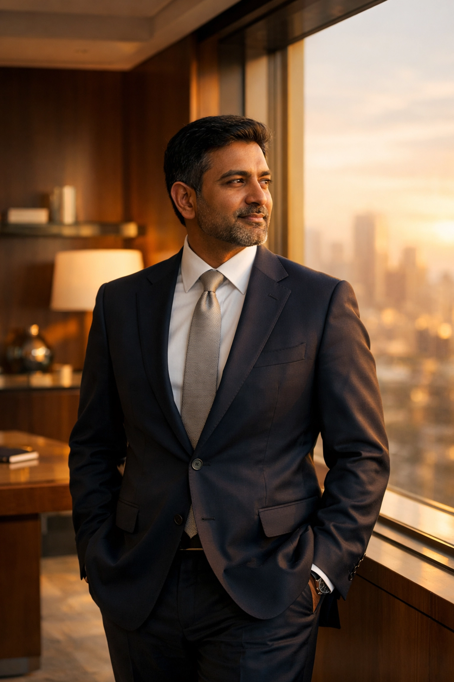 A confident businessman looking at a cityscape, representing financial renewal and wealth stewardship.