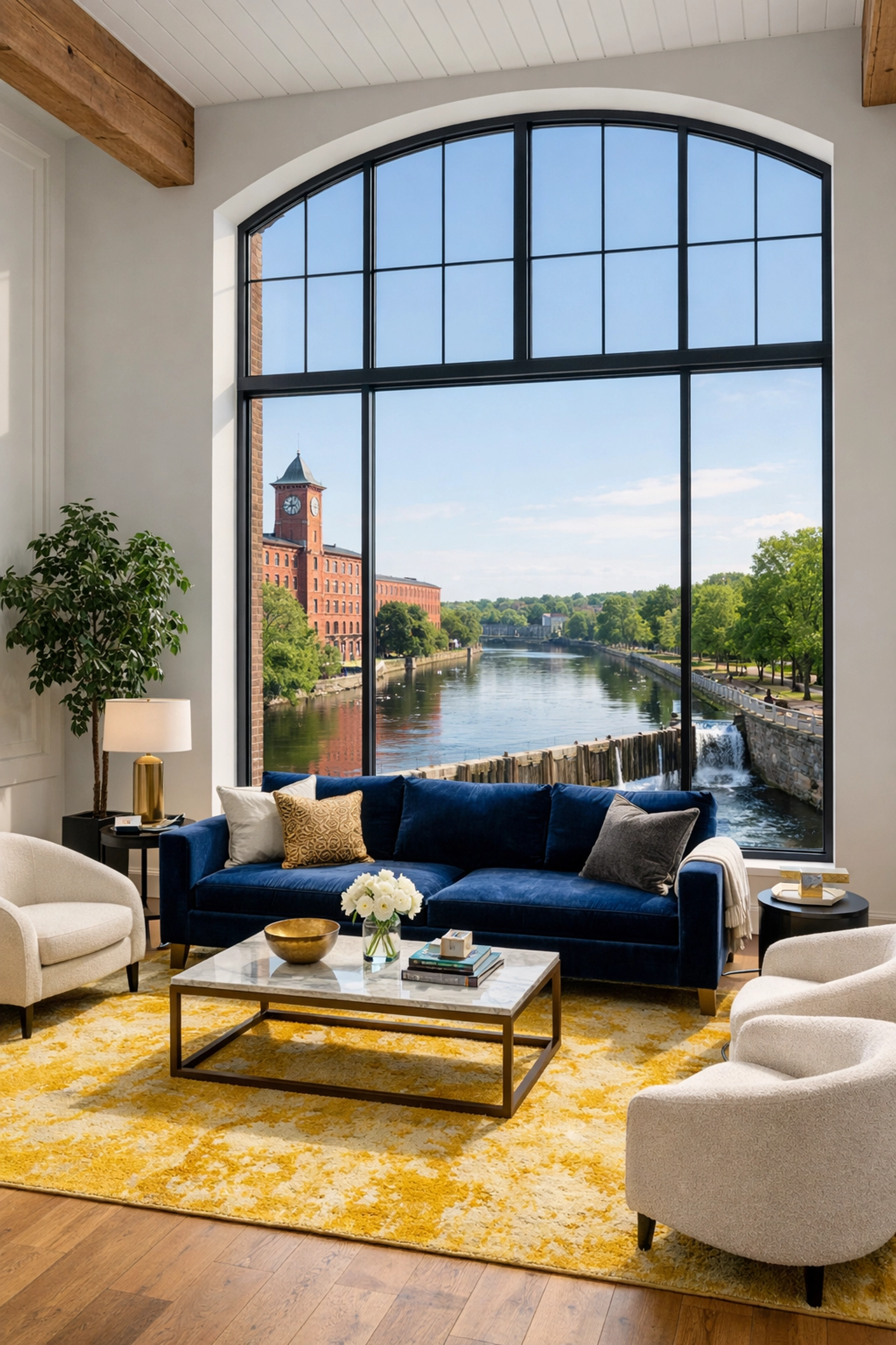 Deep cleaning Lowell results in a pristine living room overlooking the Merrimack River canal system.