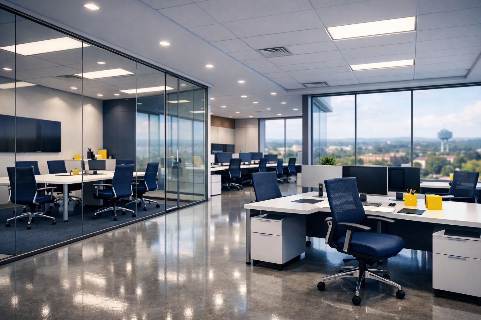 Sanitized modern office suite in Westborough with glass partitions and professional commercial cleaning.