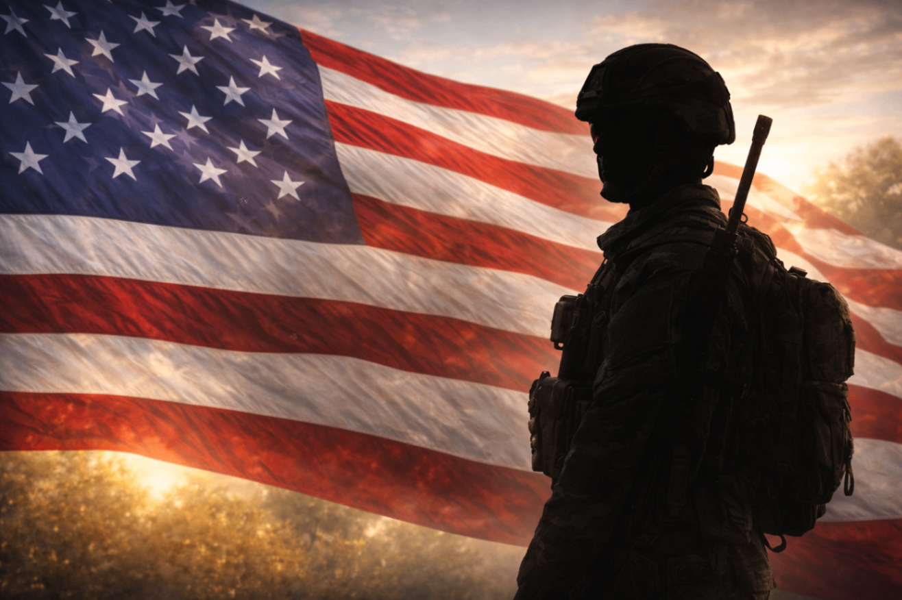 Silhouette of a U.S. military service member at sunrise Silhouette of a U.S. military service member at sunrise