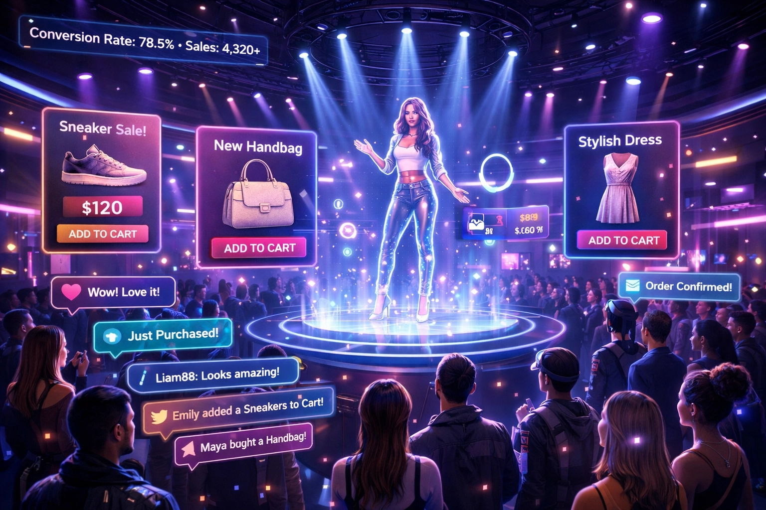 Live streaming commerce event in virtual showroom with avatars and real-time crypto checkout