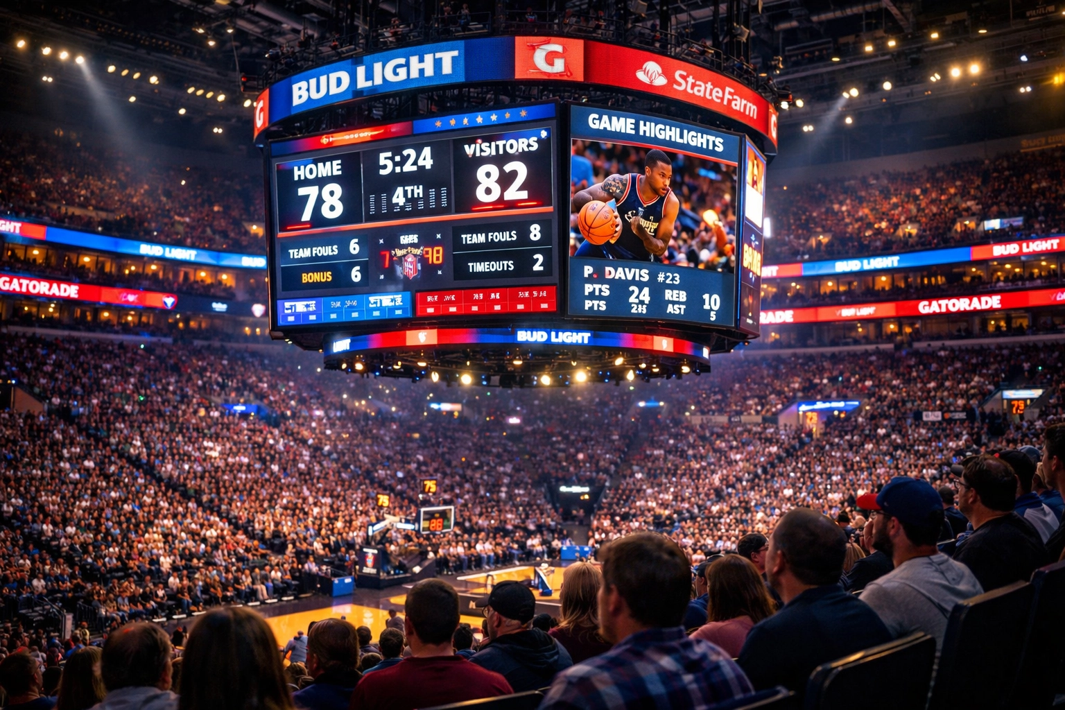 Sports arena LED video boards and digital signage engaging fans during live event