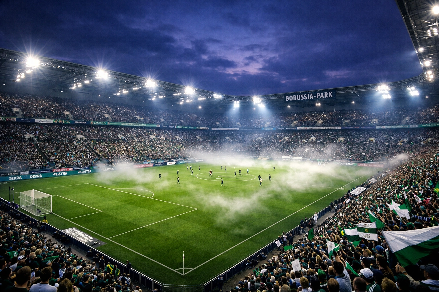 Borussia-Park stadium illuminated at night during a Bundesliga matchday