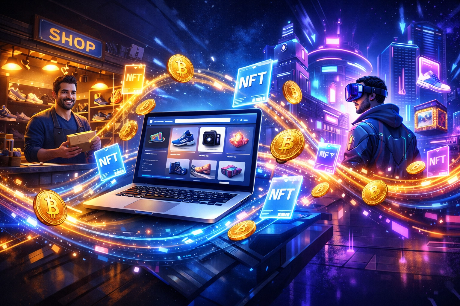 Merchant accepting crypto payments across physical store, online shop, and metaverse environments