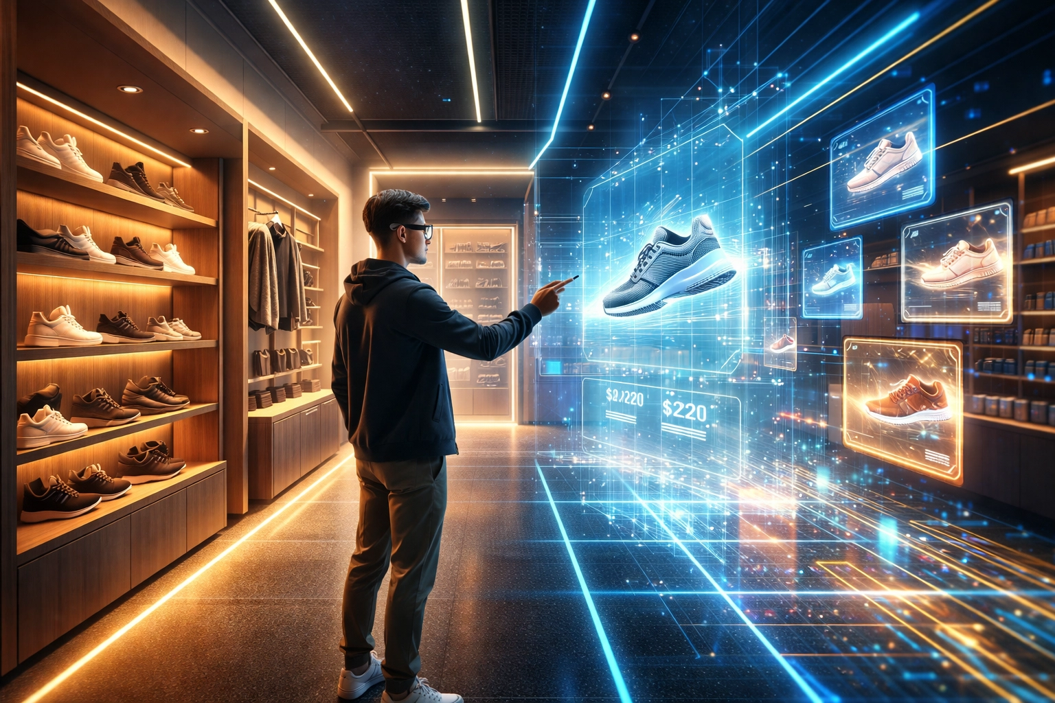 A physical retail store merges with a digital showroom, highlighting hybrid metaverse shopping and crypto payments.