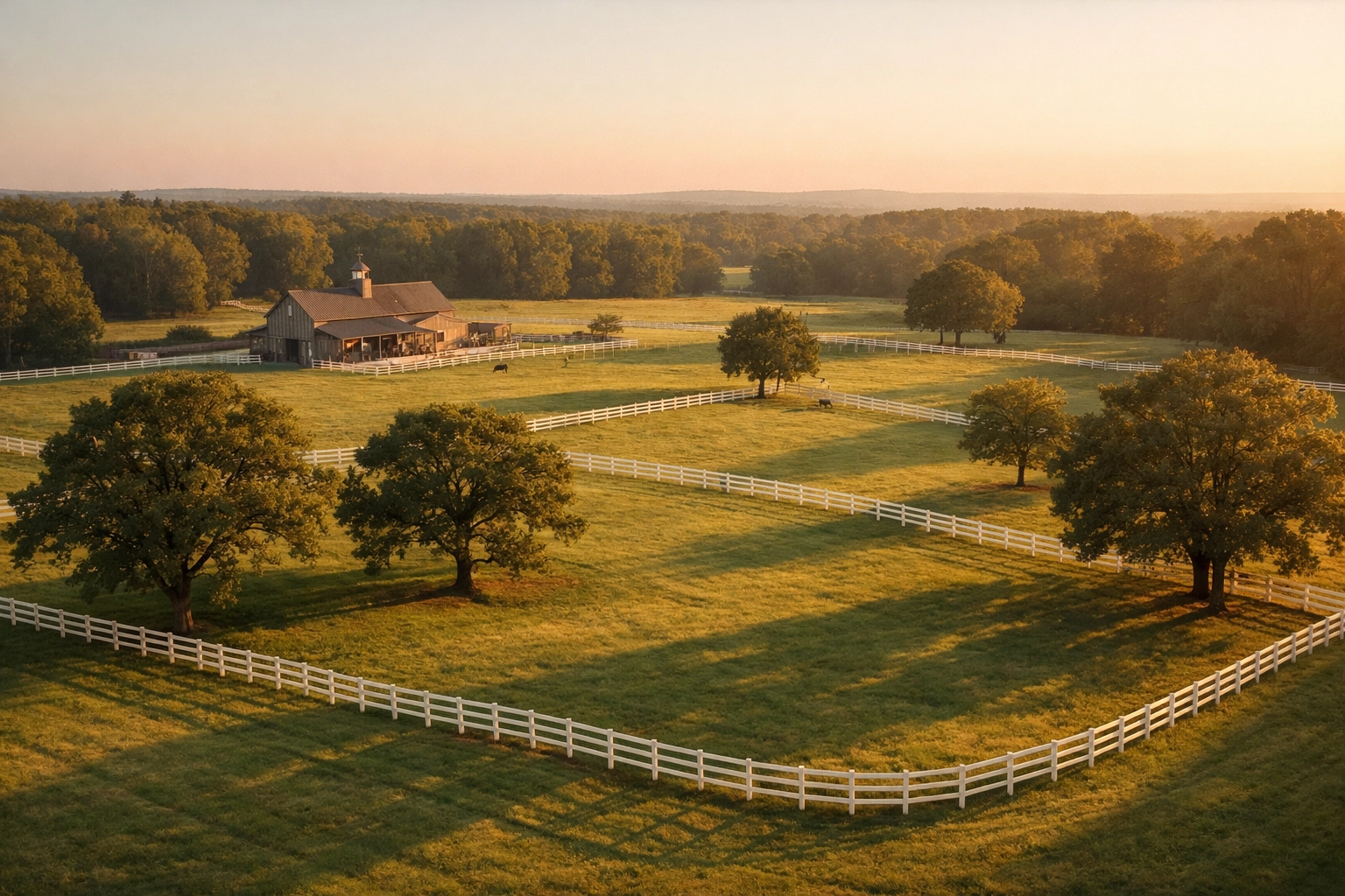 Aerial view of preserved horse farm in Davidson NC with white fences and mature oak trees