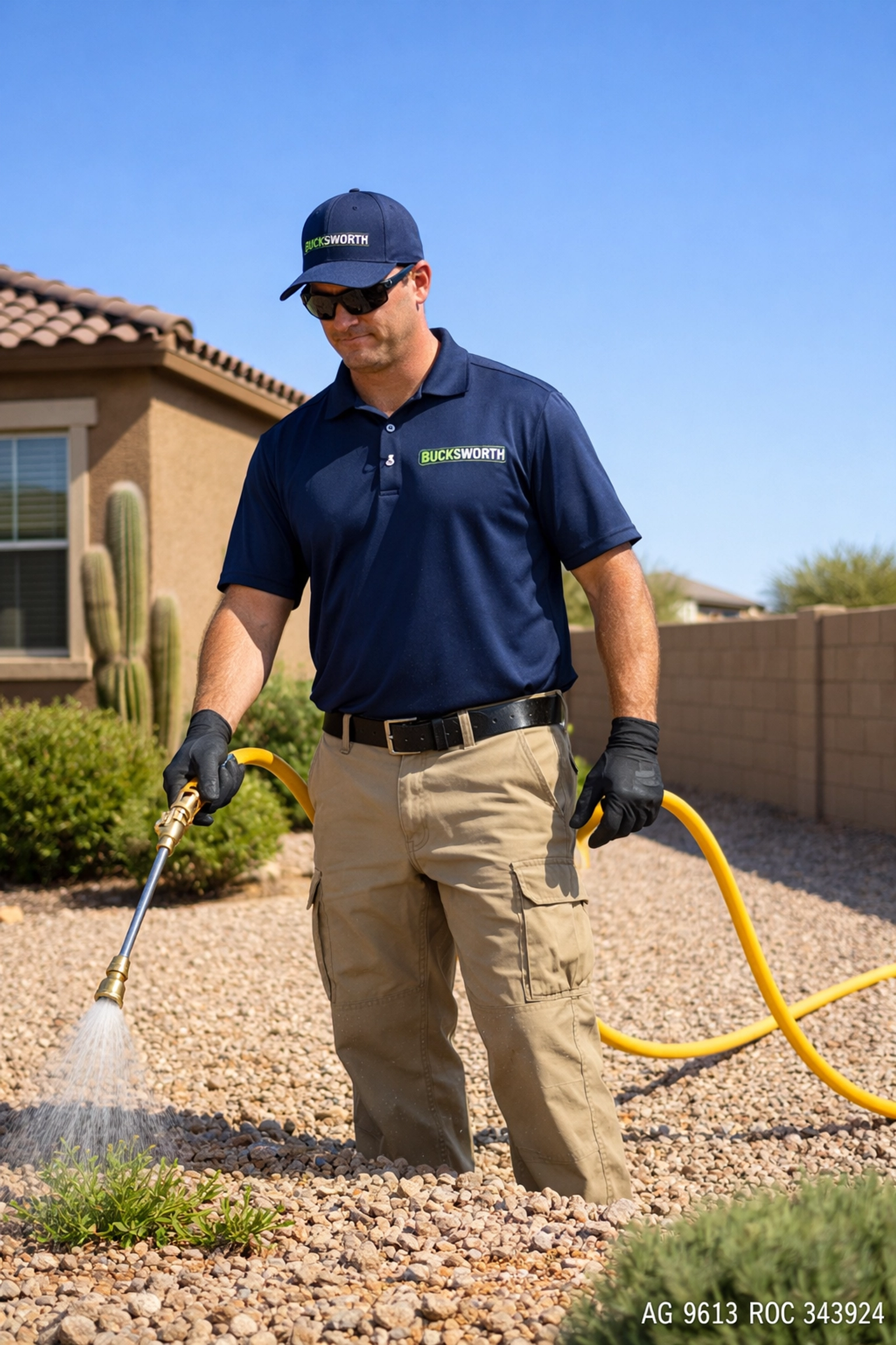 Bucksworth Home Services technician applying pre-emergent weed control in a residential Gilbert, AZ backyard.