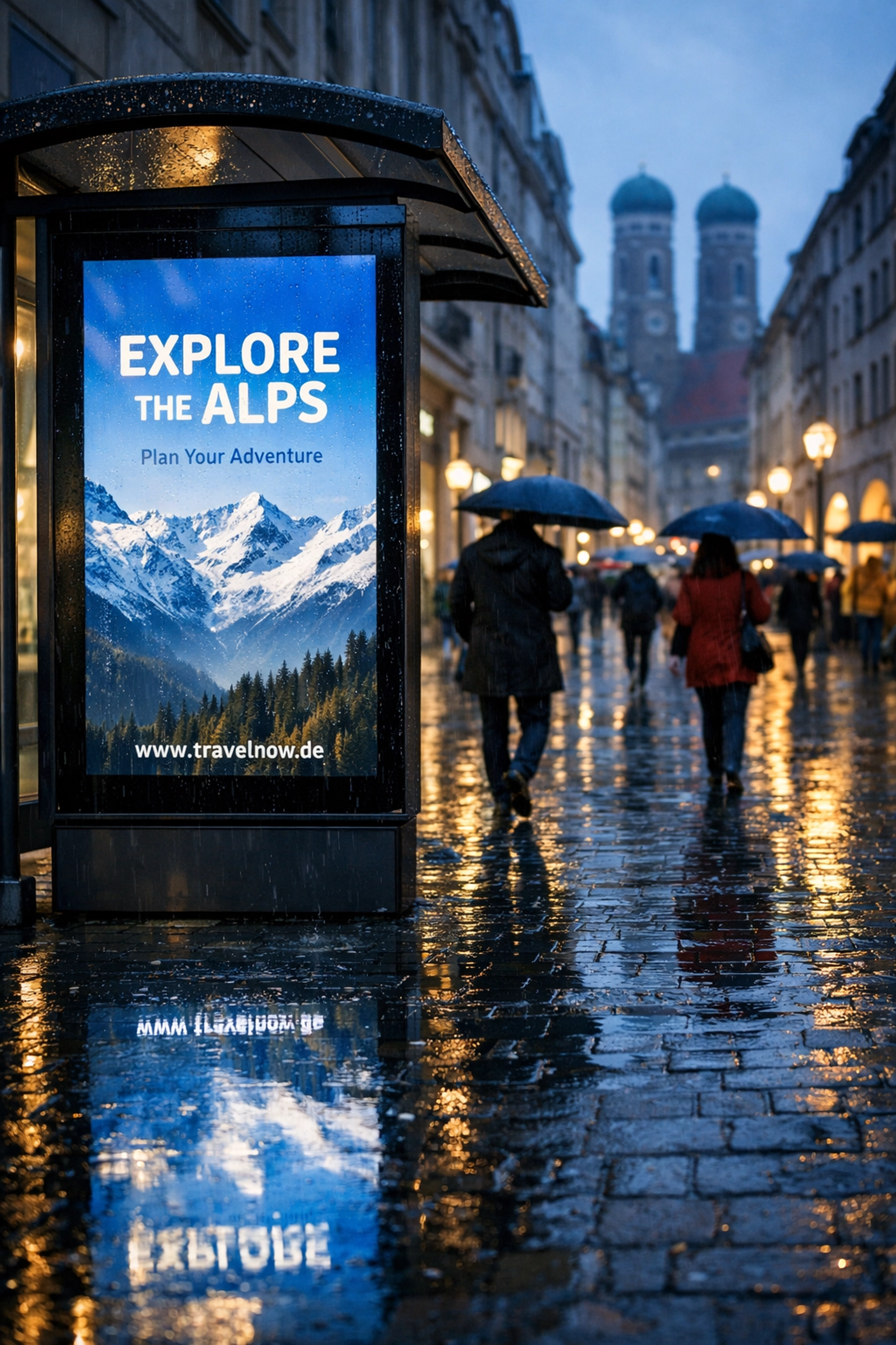 Digital bus shelter screen in Munich adjusting advertising creative based on real-time weather triggers.
