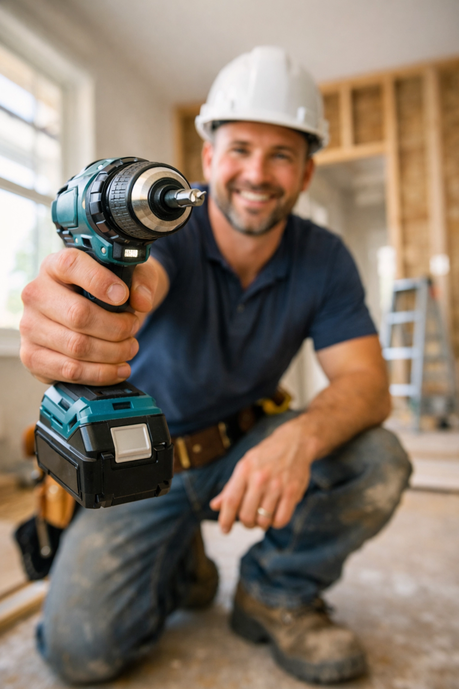 Home service contractor demonstrating power tool on job site for educational video content