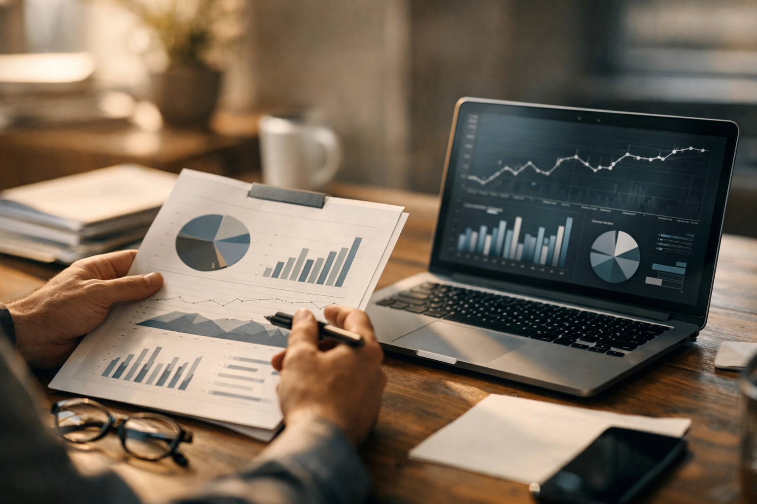 Hands reviewing a marketing plan beside an analytics dashboard and whiteboard framework.