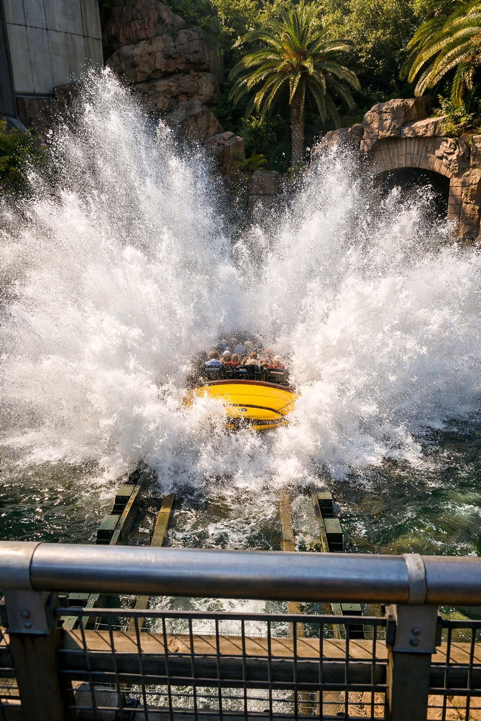 Universal Studios Hollywood Photography Guide 2026: 101 Tips for Mastering the Best Photography Locations in LA 3 Huge water splash at Jurassic World The Ride, capturing high-action moments at a top photo spot.