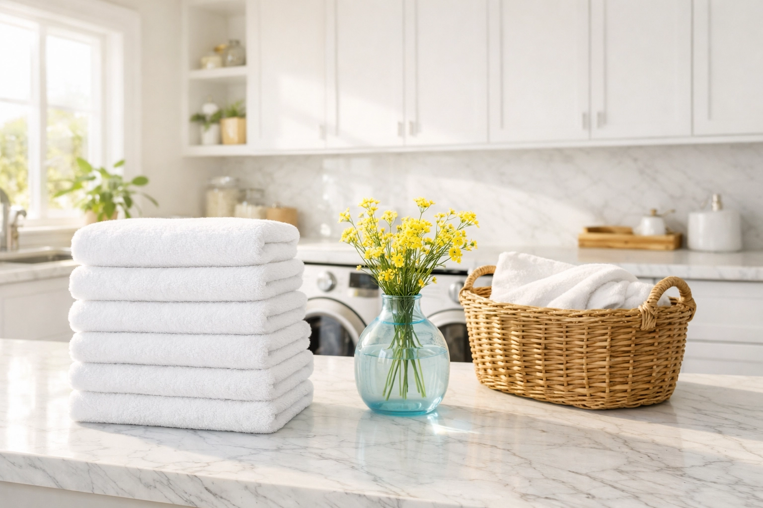 Plush white cotton towels stacked in a bright, modern laundry room showcasing eco-friendly linen care.
