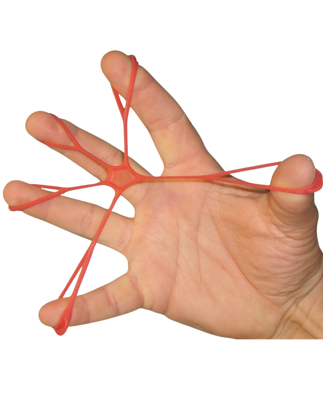 Red Medium Strength FlexEx Hand Exerciser (USA-made) for grip, finger extension, and forearm strength.