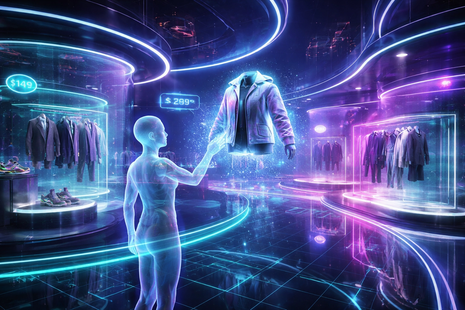 Virtual retail showroom in the metaverse with holographic product displays for B2B2C commerce
